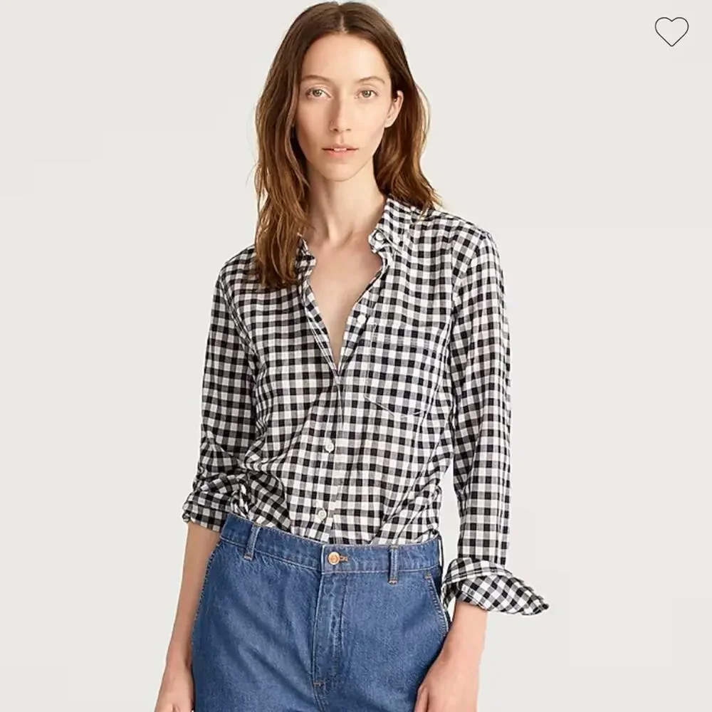 J. Crew Classic-fit Shirt Petite in Crinkle Gingham Navy Women's 00P AW252 $79